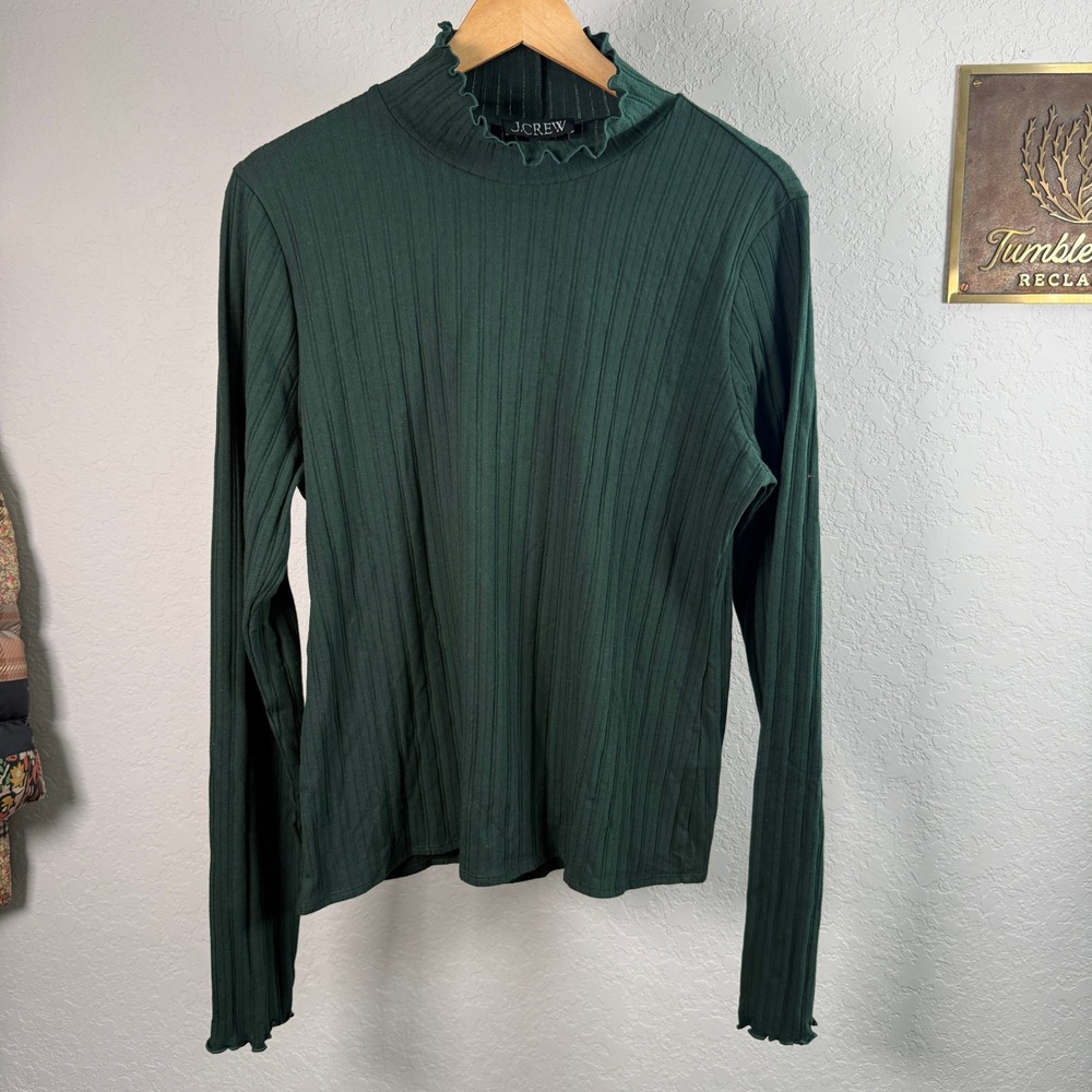 J.Crew Womens Forest Green Ribbed Mock Neck Lettuce Edge Long Sleeve Top Size L - Picture 4 of 9